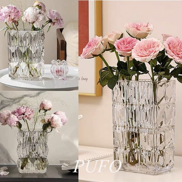 Vaza Decorativa Eleganta Pufo Lines din Sticla Groasa pentru Flori si Aranjamente, 20 cm- Design Modern pentru Living si Decor Interior