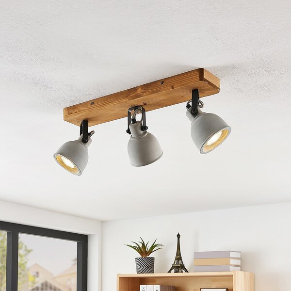Lindby Spot Mitis, 50 cm, 3 becuri, gri, lemn, beton, GU10, reglabil, Gri, Camera de zi / sufragerie, Beton, Design industrial