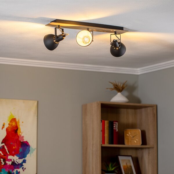 Lindby plafonieră Aylis, 3 becuri, 60 cm, negru, lemn, E14, reglabil, Negru, Camera de zi / sufragerie, Metal, Design industrial