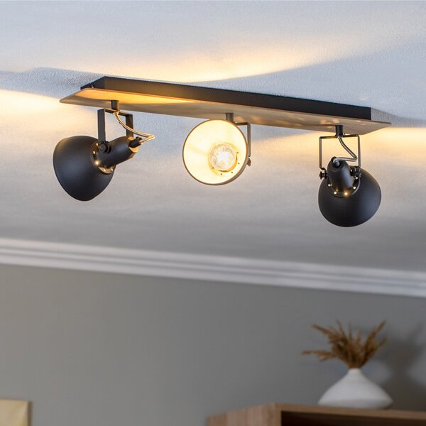 Lindby plafonieră Aylis, 3 becuri, 60 cm, negru, lemn, E14, reglabil, Negru, Camera de zi / sufragerie, Metal, Design industrial