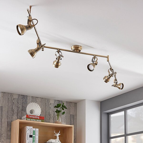Lindby plafonieră Perseas, 180 cm, 6 becuri, alamă antică, GU10, reglabil, Bronz / Alamă Veche, Camera de zi / sufragerie, Metal, Antichitate