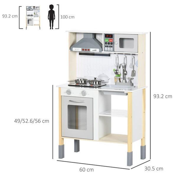 Jucarie bucatarie AIYAPLAY, inaltime reglabila, lumini si ustensile, MDF, PP, 60x30,5x93,2 cm, gri, alb | Aosom RO