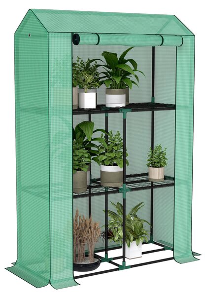 Outsunny Sera Mini cu 3 Niveluri, Copertină din PE cu Armătură și Ușă Rulabilă, 100x40x150 cm, Verde | Aosom Romania