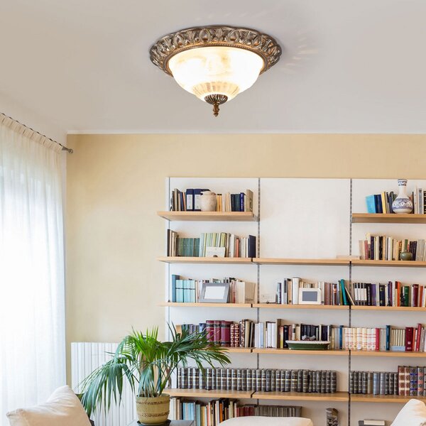 Searchlight Plafonieră elegantă Teresa cu margine decorată, reglabil, Bronz / Alamă Veche, Camera de zi / sufragerie, Sticlă, Antichitate