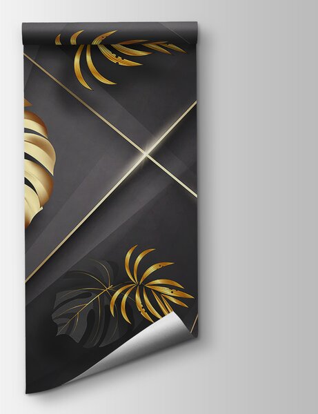 Fototapet Frunze metalice elegante pe fundal întunecat, Fototapet geometric 3D, Fototapet populare, u96822 - Tapeko.ro