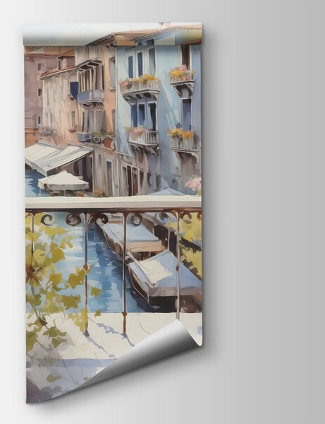 Fototapet Pictura acuarelă a unui râu cu un rând de clădiri și flori pe un balcon, Fototapet acuarelă, Fototapet populare, w01052 - Tapeko.ro