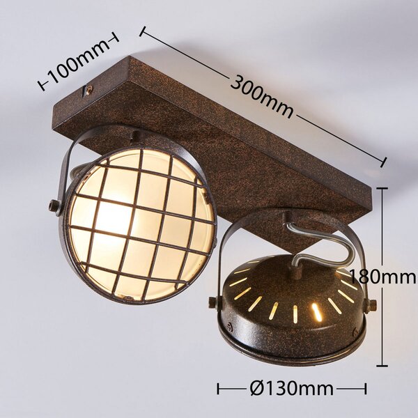 Lindby Strahler Tamin, culoare ruginie, 2 becuri, sticlă, G9, reglabil, Maro / Rugină, Camera de zi / sufragerie, Metal, Design industrial, Plafon cu flacără multiplă