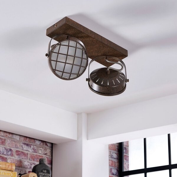 Lindby Strahler Tamin, culoare ruginie, 2 becuri, sticlă, G9, reglabil, Maro / Rugină, Camera de zi / sufragerie, Metal, Design industrial, Plafon cu flacără multiplă