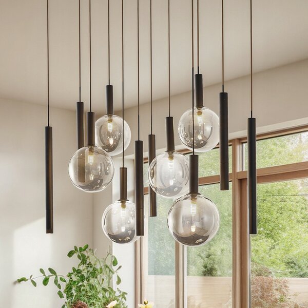 Lucande Lampa suspendată Lumavia, 12 becuri, sticlă, negru/transparent, G9, reglabil, Negru, Camera de zi / sufragerie, Sticlă, Modern