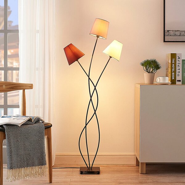 Lindby Melis lampadar, 130 cm, 3 becuri, textil, Gri, Camera de zi / sufragerie, Țesătură / Textil, Modern