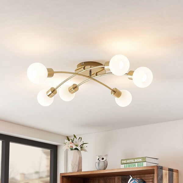 Lindby Agmar plafonieră LED, alamă, 6 becuri, reglabil, Auriu / Alamă, Camera de zi / sufragerie, Metal, Modern