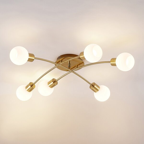 Lindby Agmar plafonieră LED, alamă, 6 becuri, reglabil, Auriu / Alamă, Camera de zi / sufragerie, Metal, Modern