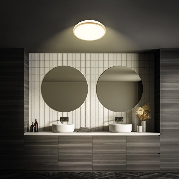 Briloner Plachetă LED Acorus, Ø 28 cm, alb/culoarea lemnului, IP44, Lemn, Baie, Plastic, Modern