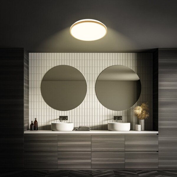 Briloner Plachetă LED Acorus, Ø 33 cm, alb/culoarea lemnului, IP44, Lemn, Baie, Plastic, Modern