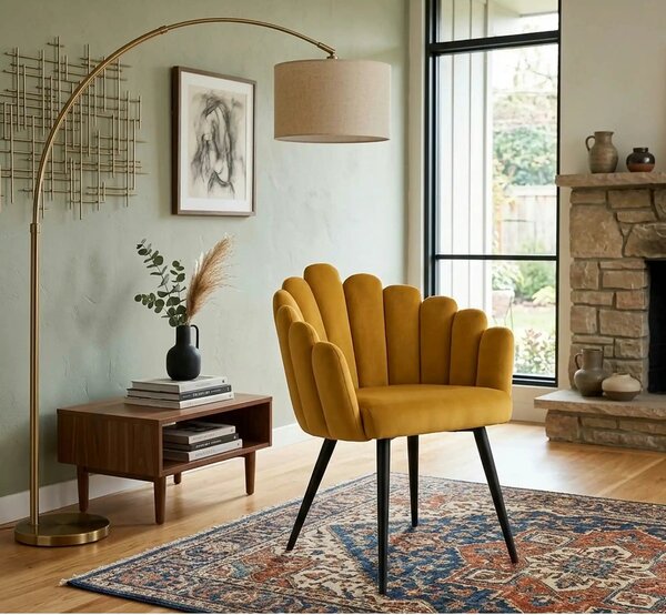 Scaun tapitat K410, galben mustar, stofa catifelata, 65x62x85 cm