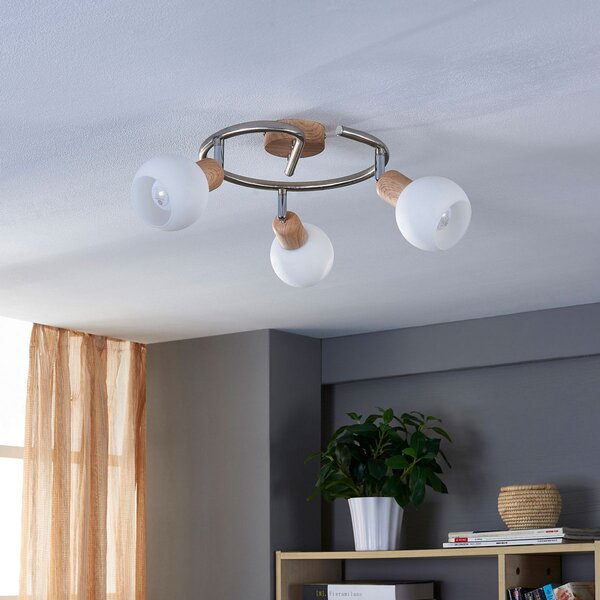 Lindby Svenka plafonieră LED, 3 becuri, rondelă, reglabil, Lemn, Camera de zi / sufragerie, Sticlă, Modern
