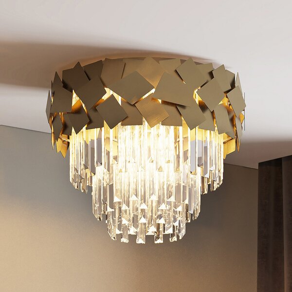Lucande Miraia plafonieră din cristal, auriu, reglabil, Auriu / Alamă, Camera de zi / sufragerie, Metal, Design