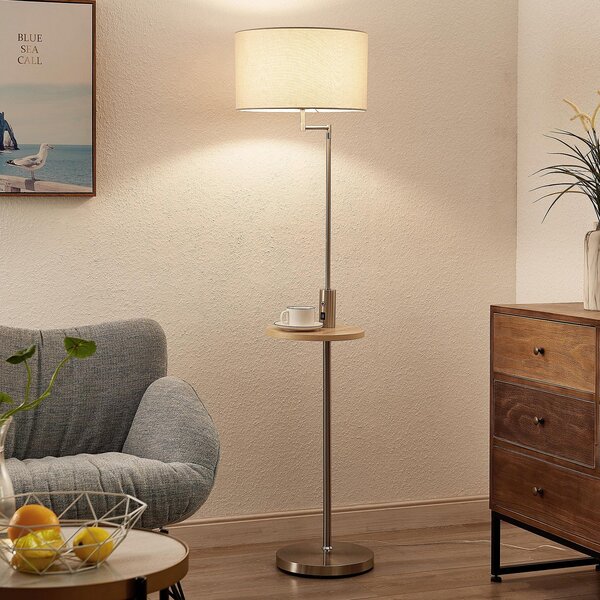 Lindby lampadar Zinia, de culoare nichel, raft, conexiune USB, Bej, Camera de zi / sufragerie, Metal, Modern