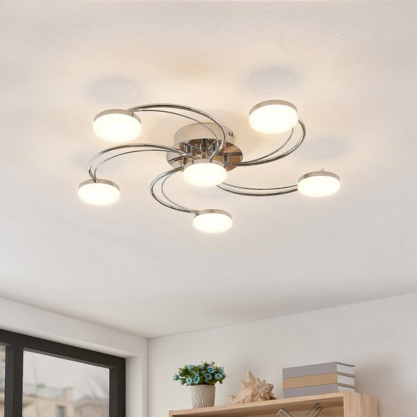 Lindby plafonieră LED Rouven, formă spirală, 6 becuri, gri, Metalic, Camera de zi / sufragerie, Metal, Modern