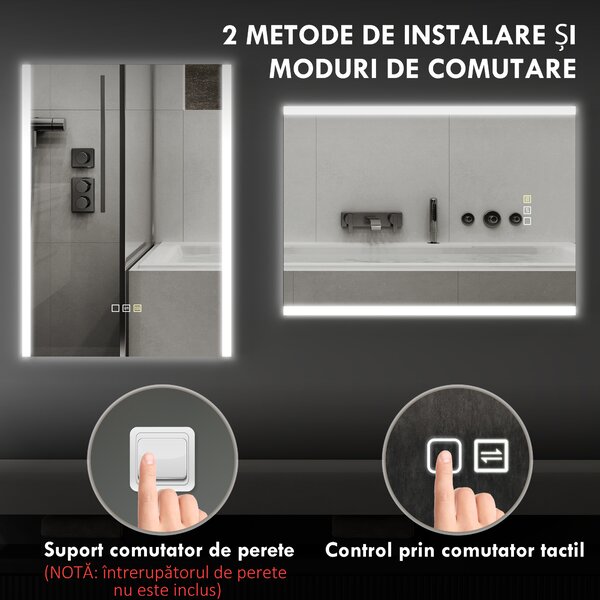 HOMCOM Oglindă LED 50x70 Antiaburire Touch IP44 | Aosom Romania