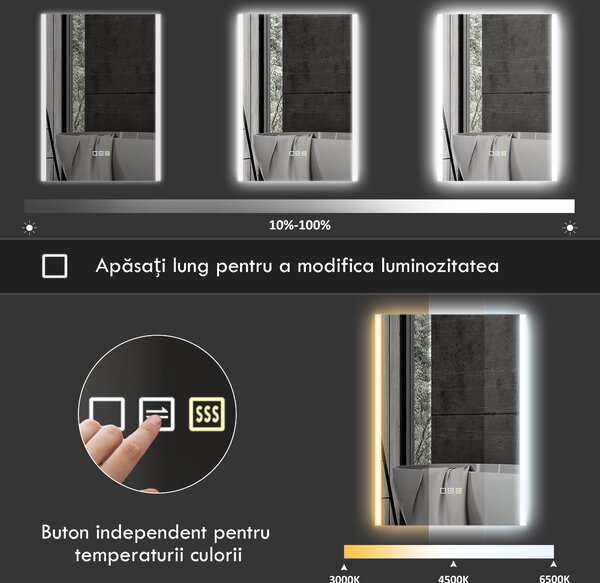 HOMCOM Oglindă LED 50x70 Antiaburire Touch IP44 | Aosom Romania