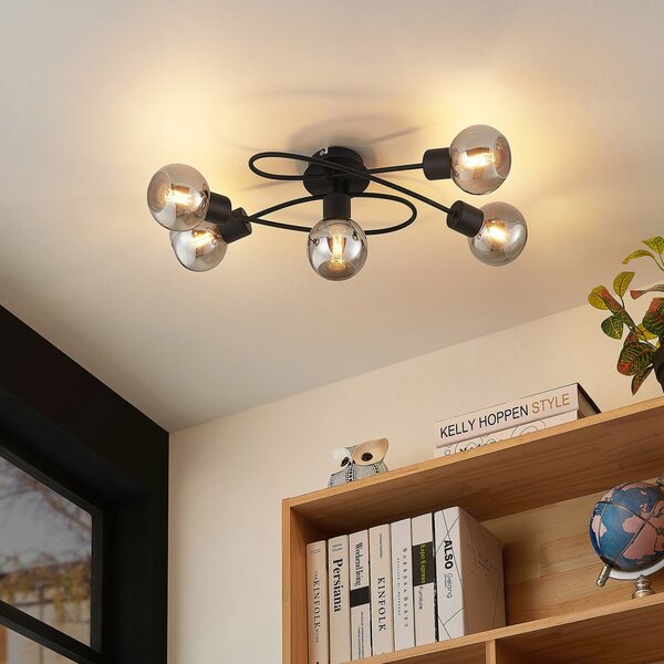 Lindby plafonieră Elaina, 66 cm, 5 becuri, negru/fum, E14, reglabil, Negru, Camera de zi / sufragerie, Metal, Modern