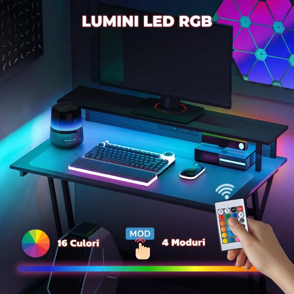 HOMCOM Birou de Gaming cu Lumini LED și Suport pentru Monitor, Masă Gaming cu Port USB și TYPE C, 100x60x88,5 cm, Negru | Aosom Romania