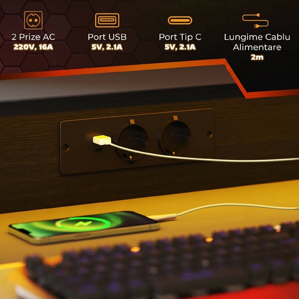 HOMCOM Birou de Gaming cu Lumini LED și Suport pentru Monitor, Masă Gaming cu Port USB și TYPE C, 100x60x88,5 cm, Negru | Aosom Romania