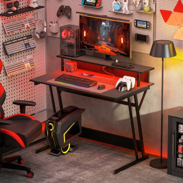 HOMCOM Birou de Gaming cu Lumini LED și Suport pentru Monitor, Masă Gaming cu Port USB și TYPE C, 100x60x88,5 cm, Negru | Aosom Romania
