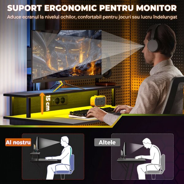 HOMCOM Birou de Gaming cu Lumini LED și Suport pentru Monitor, Masă Gaming cu Port USB și TYPE C, 100x60x88,5 cm, Negru | Aosom Romania