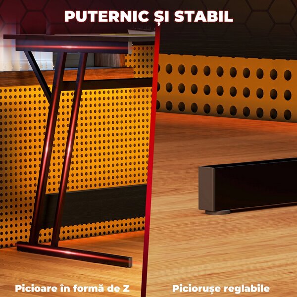 HOMCOM Birou de Gaming cu Lumini LED și Suport pentru Monitor, Masă Gaming cu Port USB și TYPE C, 100x60x88,5 cm, Negru | Aosom Romania