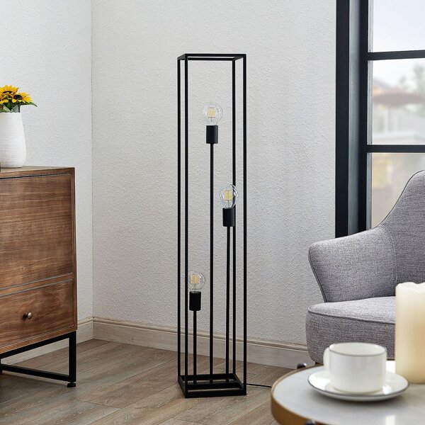 Lindby lampadar Krisha, negru, metal, 3 becuri, E27, Negru, Camera de zi / sufragerie, Metal, Vintage