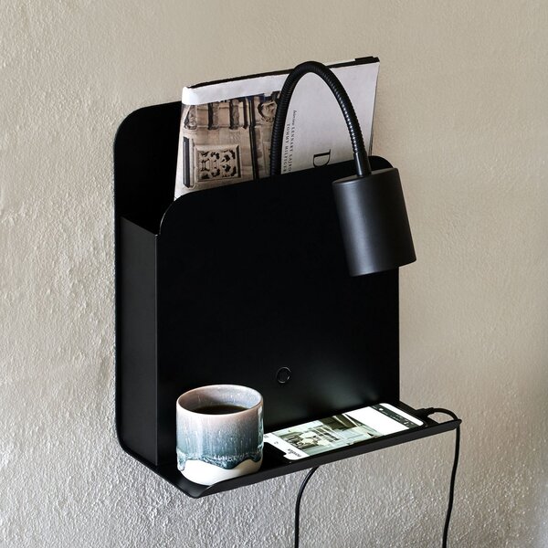 Nordlux Aplică de perete Roomi cu raft și USB, negru, Negru, dormitor, Metal, Modern, Lumină de lectură