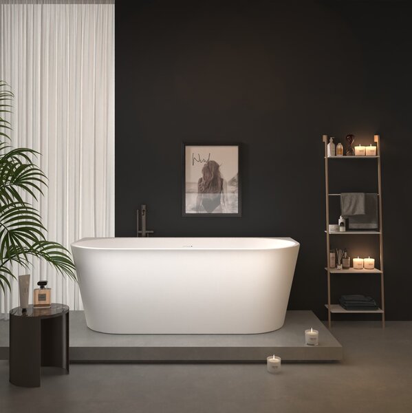 Erga Norah, cada de baie autoportanta pe perete 150x75 cm + dop de scurgere, alb lucios, ERG-Norah-150075-WH-WH
