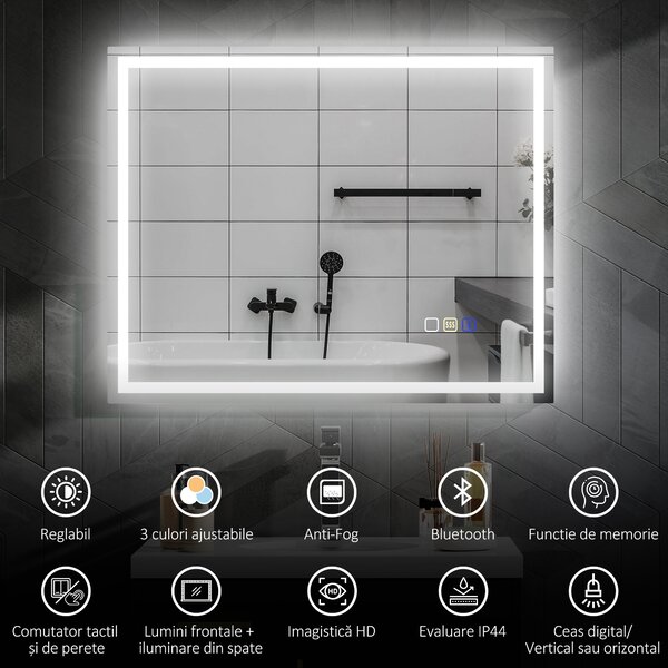 HOMCOM Oglindă Baie Bluetooth LED Antiabur Tactil | Aosom Romania