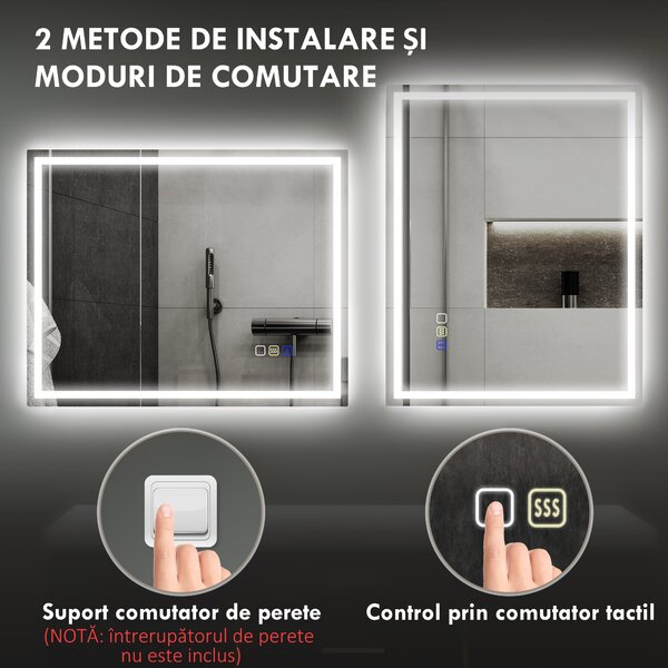 HOMCOM Oglindă Baie Bluetooth LED Antiabur Tactil | Aosom Romania