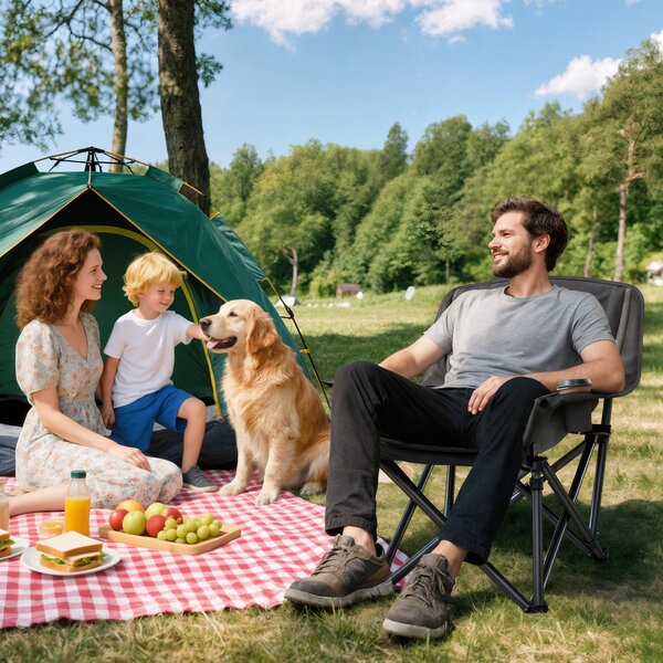 Outsunny Scaun de Camping Pliabil cu 2 Suporturi pentru Pahare și Buzunare Laterale, 99x71x103 cm, Gri | Aosom Romania