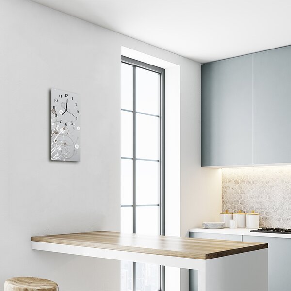 Ceas de perete din sticla vertical Arta model floare gri