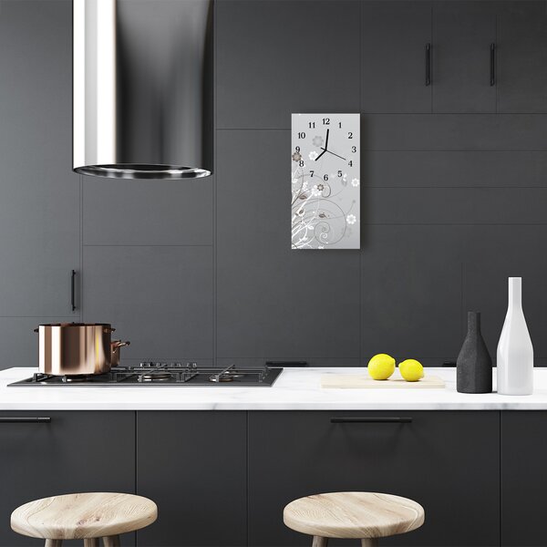 Ceas de perete din sticla vertical Arta model floare gri