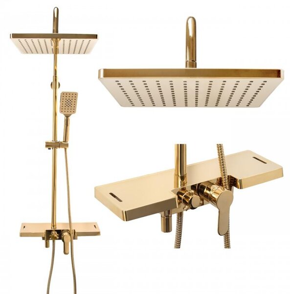 Erga Oslo, set de duș cu baterie cu pârghie, raft și cap de ploaie 30x30 cm, auriu strălucitor, ERG-YKA-BP.OSLO-30-GLD