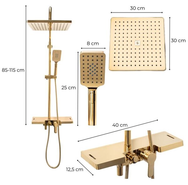 Erga Oslo, set de duș cu baterie cu pârghie, raft și cap de ploaie 30x30 cm, auriu strălucitor, ERG-YKA-BP.OSLO-30-GLD
