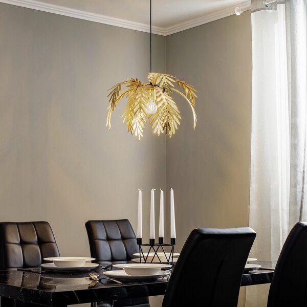 ONLI Lampă suspendată Dubai, decor palmier, Ø 50cm, auriu, reglabil, Auriu / Alamă, Camera de zi / sufragerie, Metal, Design