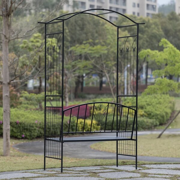 Pergolă metalică de gradină cu bancă, 120x58x210 cm, Negru