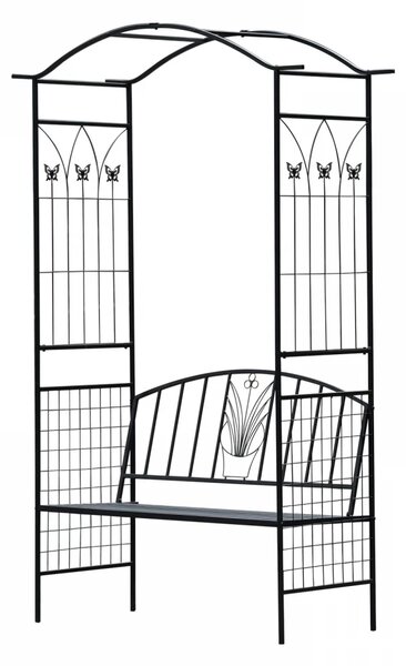 Pergolă metalică de gradină cu bancă, 120x58x210 cm, Negru