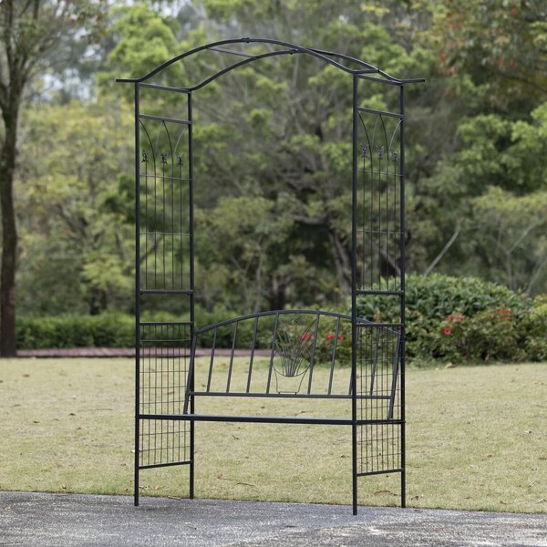 Pergolă metalică de gradină cu bancă, 120x58x210 cm, Negru