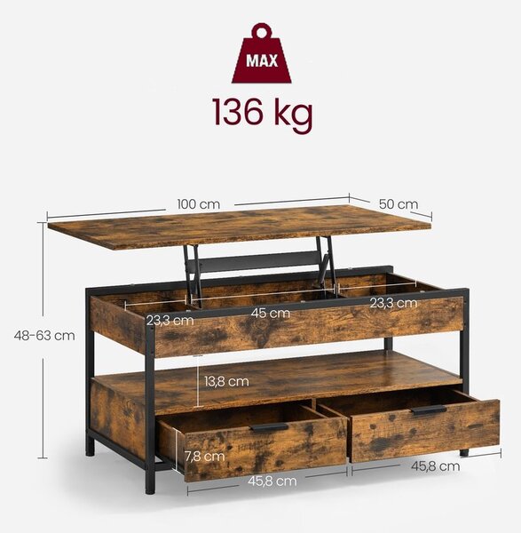 Masă de cafea reglabilă pe înălțime GASPAR, 50x100x(48-63)cm, maro/negru Vasagle