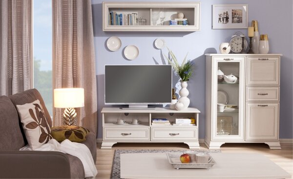 Set living alb Tiffany 2 format dintr-o vitrina, comoda TV si raft