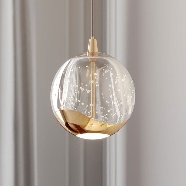 Lucande Lampă suspendată LED Hayley, Ø 9 cm, aurie, sticlă, Transparent, Camera de zi / sufragerie, Sticlă, Modern