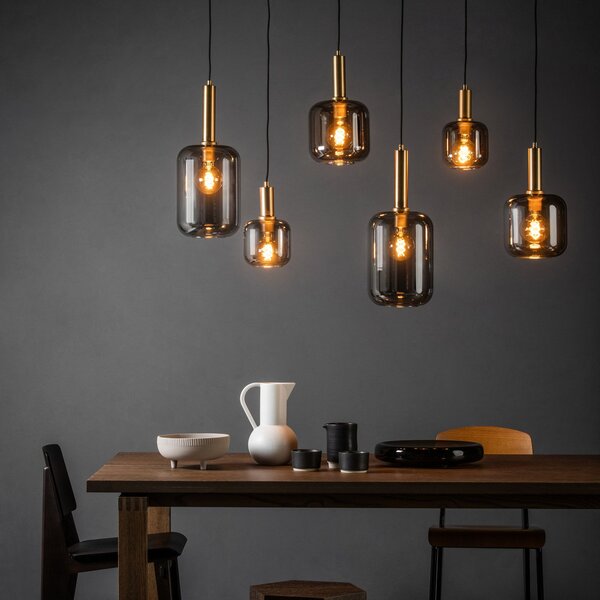 Lucide Lampă suspendată Joanet, gri fumuriu/negru, sticlă, 132 cm lungime, reglabil, Gri, Camera de zi / sufragerie, Sticlă