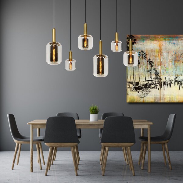 Lucide Lampă suspendată Joanet, gri fumuriu/negru, sticlă, 132 cm lungime, reglabil, Gri, Camera de zi / sufragerie, Sticlă